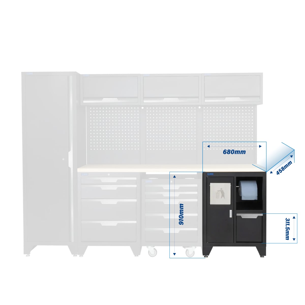 SGS 10pc Modular Garage Storage | 9 Drawers | Plywood Worktop | Tall Single Cabinet | Bin Unit | Mobile Cabinet | 3x Upper Cabinets